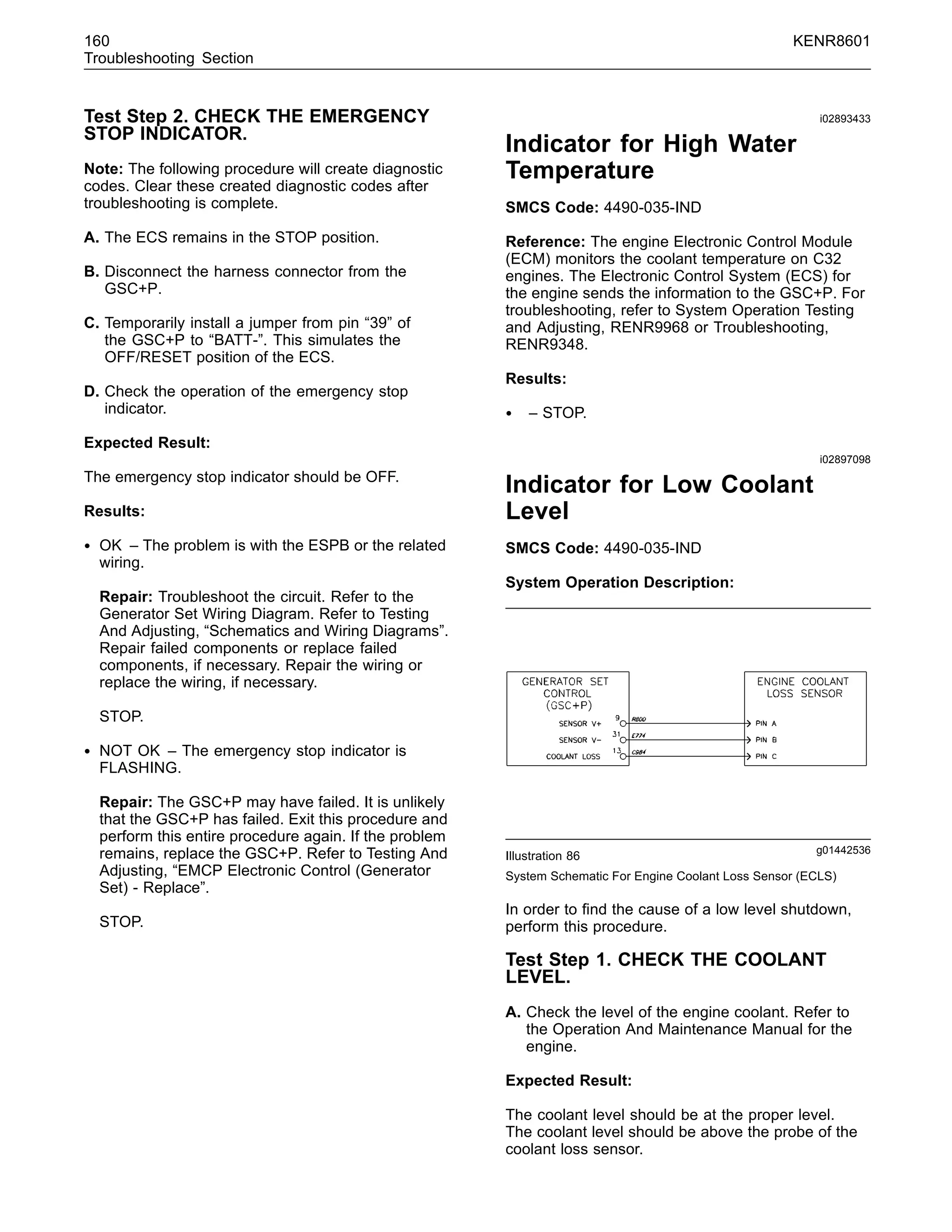 160 KENR8601
Troubleshooting Section
Test Step 2. CHECK THE EMERGENCY
STOP INDICATOR.
Note: The following procedure will create diagnostic
codes. Clear these created diagnostic codes after
troubleshooting is complete.
A. The ECS remains in the STOP position.
B. Disconnect the harness connector from the
GSC+P.
C. Temporarily install a jumper from pin “39” of
the GSC+P to “BATT-”. This simulates the
OFF/RESET position of the ECS.
D. Check the operation of the emergency stop
indicator.
Expected Result:
The emergency stop indicator should be OFF.
Results:
• OK – The problem is with the ESPB or the related
wiring.
Repair: Troubleshoot the circuit. Refer to the
Generator Set Wiring Diagram. Refer to Testing
And Adjusting, “Schematics and Wiring Diagrams”.
Repair failed components or replace failed
components, if necessary. Repair the wiring or
replace the wiring, if necessary.
STOP.
• NOT OK – The emergency stop indicator is
FLASHING.
Repair: The GSC+P may have failed. It is unlikely
that the GSC+P has failed. Exit this procedure and
perform this entire procedure again. If the problem
remains, replace the GSC+P. Refer to Testing And
Adjusting, “EMCP Electronic Control (Generator
Set) - Replace”.
STOP.
i02893433
Indicator for High Water
Temperature
SMCS Code: 4490-035-IND
Reference: The engine Electronic Control Module
(ECM) monitors the coolant temperature on C32
engines. The Electronic Control System (ECS) for
the engine sends the information to the GSC+P. For
troubleshooting, refer to System Operation Testing
and Adjusting, RENR9968 or Troubleshooting,
RENR9348.
Results:
• – STOP.
i02897098
Indicator for Low Coolant
Level
SMCS Code: 4490-035-IND
System Operation Description:
g01442536
Illustration 86
System Schematic For Engine Coolant Loss Sensor (ECLS)
In order to ﬁnd the cause of a low level shutdown,
perform this procedure.
Test Step 1. CHECK THE COOLANT
LEVEL.
A. Check the level of the engine coolant. Refer to
the Operation And Maintenance Manual for the
engine.
Expected Result:
The coolant level should be at the proper level.
The coolant level should be above the probe of the
coolant loss sensor.
 