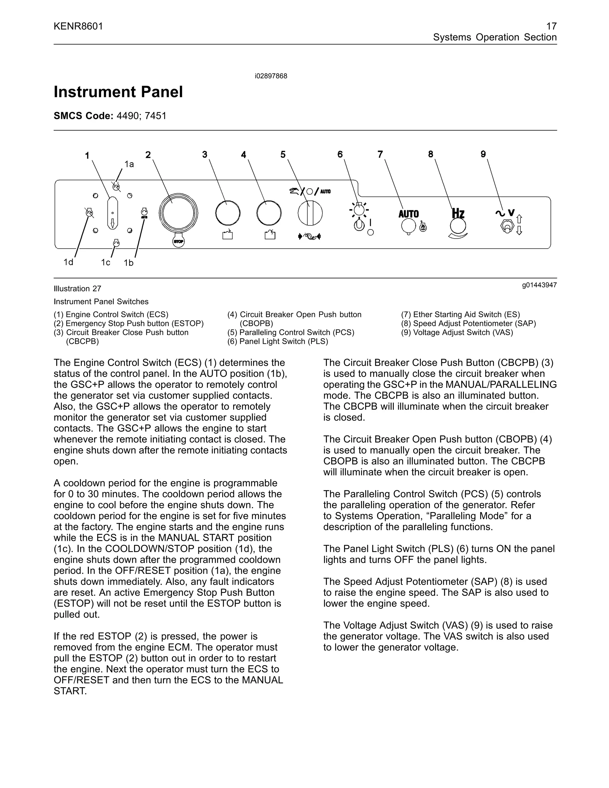 KENR8601 17
Systems Operation Section
i02897868
Instrument Panel
SMCS Code: 4490; 7451
g01443947
Illustration 27
Instrument Panel Switches
(1) Engine Control Switch (ECS)
(2) Emergency Stop Push button (ESTOP)
(3) Circuit Breaker Close Push button
(CBCPB)
(4) Circuit Breaker Open Push button
(CBOPB)
(5) Paralleling Control Switch (PCS)
(6) Panel Light Switch (PLS)
(7) Ether Starting Aid Switch (ES)
(8) Speed Adjust Potentiometer (SAP)
(9) Voltage Adjust Switch (VAS)
The Engine Control Switch (ECS) (1) determines the
status of the control panel. In the AUTO position (1b),
the GSC+P allows the operator to remotely control
the generator set via customer supplied contacts.
Also, the GSC+P allows the operator to remotely
monitor the generator set via customer supplied
contacts. The GSC+P allows the engine to start
whenever the remote initiating contact is closed. The
engine shuts down after the remote initiating contacts
open.
A cooldown period for the engine is programmable
for 0 to 30 minutes. The cooldown period allows the
engine to cool before the engine shuts down. The
cooldown period for the engine is set for ﬁve minutes
at the factory. The engine starts and the engine runs
while the ECS is in the MANUAL START position
(1c). In the COOLDOWN/STOP position (1d), the
engine shuts down after the programmed cooldown
period. In the OFF/RESET position (1a), the engine
shuts down immediately. Also, any fault indicators
are reset. An active Emergency Stop Push Button
(ESTOP) will not be reset until the ESTOP button is
pulled out.
If the red ESTOP (2) is pressed, the power is
removed from the engine ECM. The operator must
pull the ESTOP (2) button out in order to to restart
the engine. Next the operator must turn the ECS to
OFF/RESET and then turn the ECS to the MANUAL
START.
The Circuit Breaker Close Push Button (CBCPB) (3)
is used to manually close the circuit breaker when
operating the GSC+P in the MANUAL/PARALLELING
mode. The CBCPB is also an illuminated button.
The CBCPB will illuminate when the circuit breaker
is closed.
The Circuit Breaker Open Push button (CBOPB) (4)
is used to manually open the circuit breaker. The
CBOPB is also an illuminated button. The CBCPB
will illuminate when the circuit breaker is open.
The Paralleling Control Switch (PCS) (5) controls
the paralleling operation of the generator. Refer
to Systems Operation, “Paralleling Mode” for a
description of the paralleling functions.
The Panel Light Switch (PLS) (6) turns ON the panel
lights and turns OFF the panel lights.
The Speed Adjust Potentiometer (SAP) (8) is used
to raise the engine speed. The SAP is also used to
lower the engine speed.
The Voltage Adjust Switch (VAS) (9) is used to raise
the generator voltage. The VAS switch is also used
to lower the generator voltage.
 