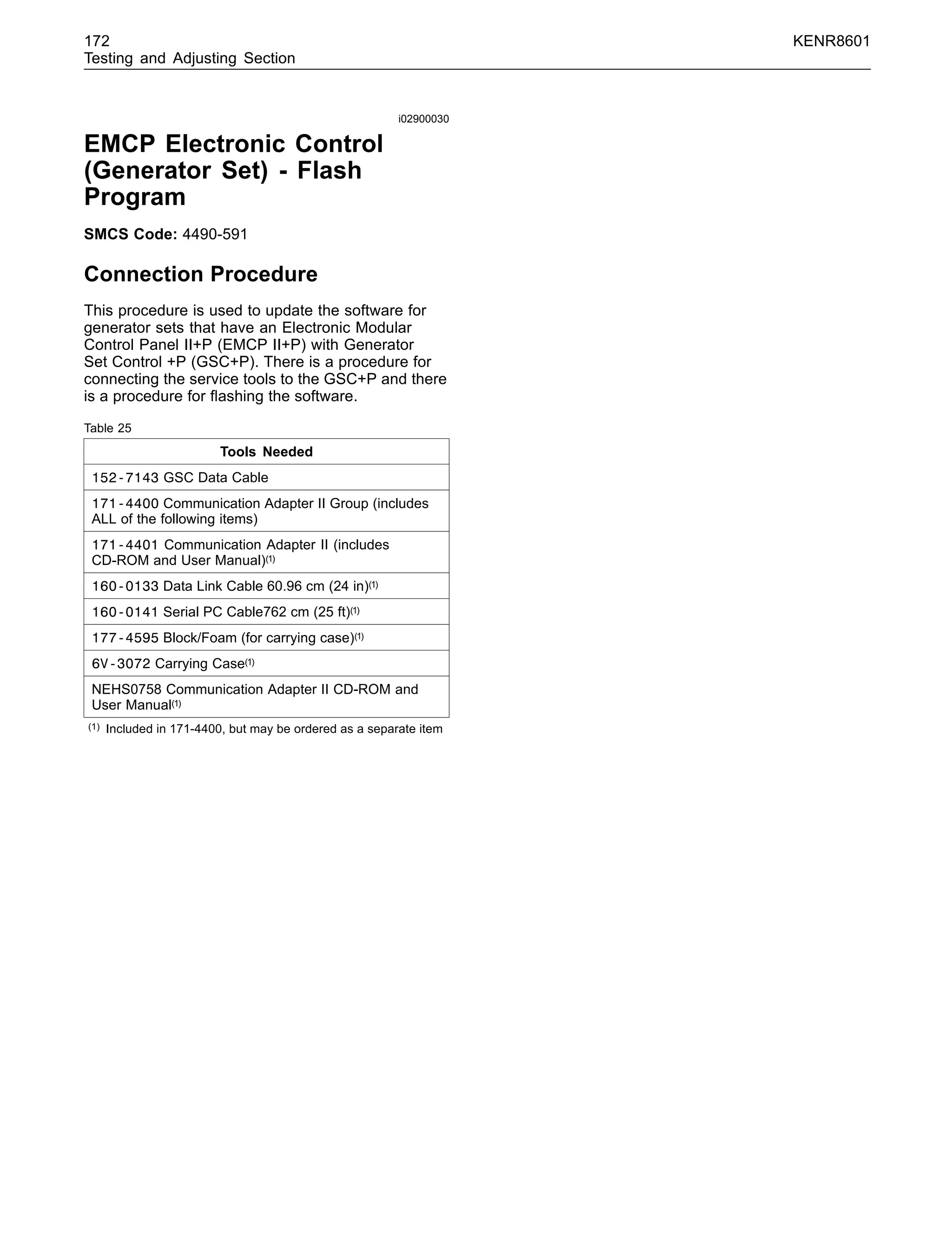 172 KENR8601
Testing and Adjusting Section
i02900030
EMCP Electronic Control
(Generator Set) - Flash
Program
SMCS Code: 4490-591
Connection Procedure
This procedure is used to update the software for
generator sets that have an Electronic Modular
Control Panel II+P (EMCP II+P) with Generator
Set Control +P (GSC+P). There is a procedure for
connecting the service tools to the GSC+P and there
is a procedure for ﬂashing the software.
Table 25
Tools Needed
152-7143 GSC Data Cable
171-4400 Communication Adapter II Group (includes
ALL of the following items)
171-4401 Communication Adapter II (includes
CD-ROM and User Manual)(1)
160-0133 Data Link Cable 60.96 cm (24 in)(1)
160-0141 Serial PC Cable762 cm (25 ft)(1)
177-4595 Block/Foam (for carrying case)(1)
6V-3072 Carrying Case(1)
NEHS0758 Communication Adapter II CD-ROM and
User Manual(1)
(1) Included in 171-4400, but may be ordered as a separate item
 