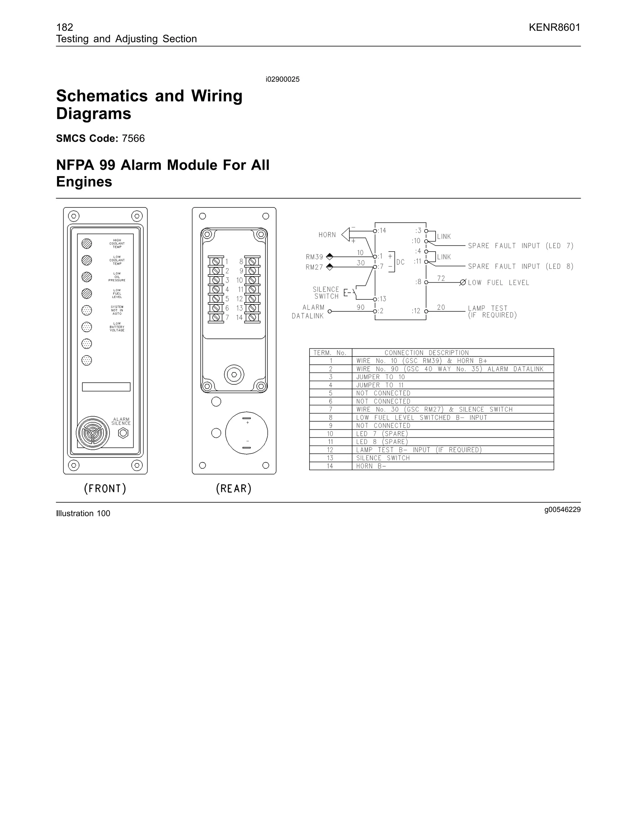 182 KENR8601
Testing and Adjusting Section
i02900025
Schematics and Wiring
Diagrams
SMCS Code: 7566
NFPA 99 Alarm Module For All
Engines
g00546229
Illustration 100
 