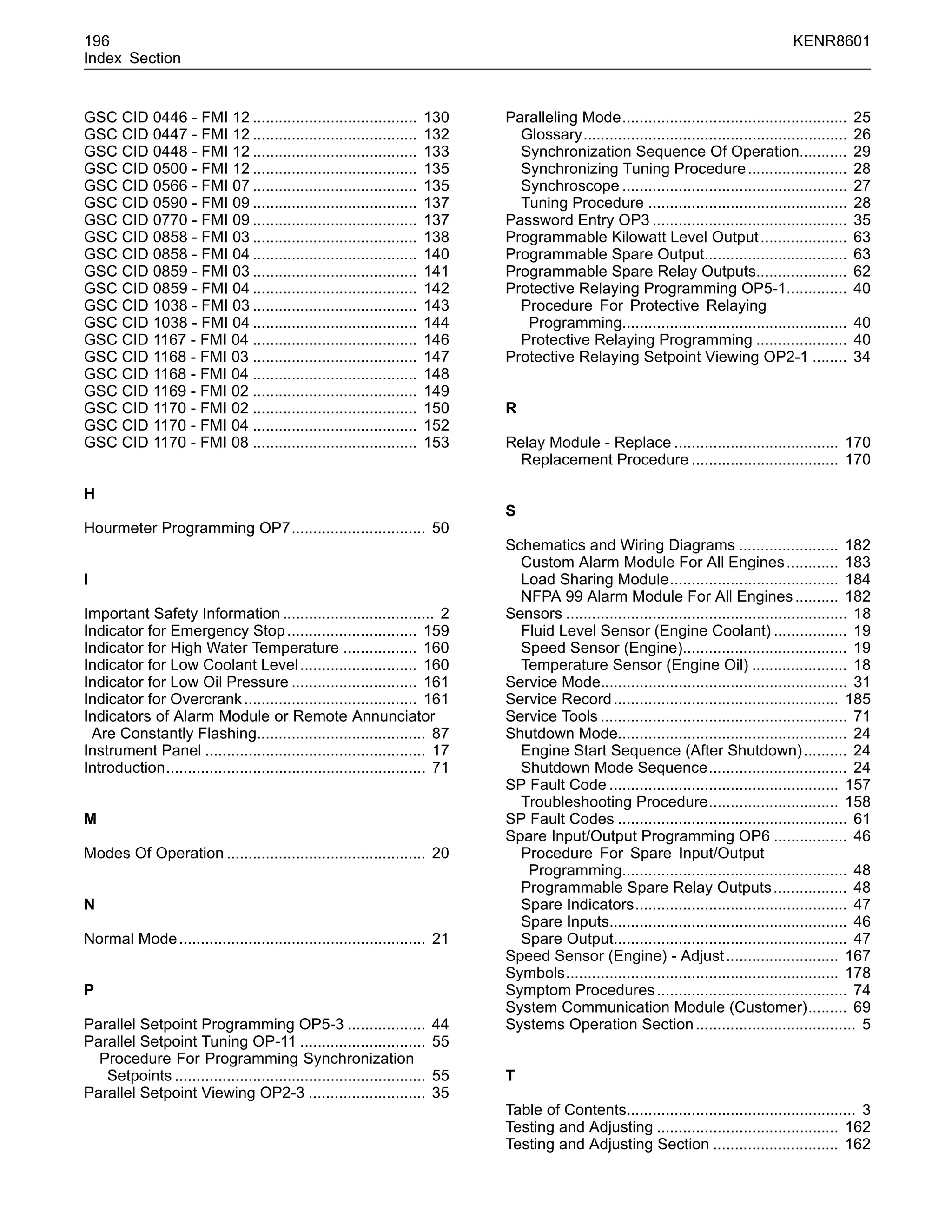 196 KENR8601
Index Section
GSC CID 0446 - FMI 12 ...................................... 130
GSC CID 0447 - FMI 12 ...................................... 132
GSC CID 0448 - FMI 12 ...................................... 133
GSC CID 0500 - FMI 12 ...................................... 135
GSC CID 0566 - FMI 07 ...................................... 135
GSC CID 0590 - FMI 09 ...................................... 137
GSC CID 0770 - FMI 09 ...................................... 137
GSC CID 0858 - FMI 03 ...................................... 138
GSC CID 0858 - FMI 04 ...................................... 140
GSC CID 0859 - FMI 03 ...................................... 141
GSC CID 0859 - FMI 04 ...................................... 142
GSC CID 1038 - FMI 03 ...................................... 143
GSC CID 1038 - FMI 04 ...................................... 144
GSC CID 1167 - FMI 04 ...................................... 146
GSC CID 1168 - FMI 03 ...................................... 147
GSC CID 1168 - FMI 04 ...................................... 148
GSC CID 1169 - FMI 02 ...................................... 149
GSC CID 1170 - FMI 02 ...................................... 150
GSC CID 1170 - FMI 04 ...................................... 152
GSC CID 1170 - FMI 08 ...................................... 153
H
Hourmeter Programming OP7............................... 50
I
Important Safety Information ................................... 2
Indicator for Emergency Stop.............................. 159
Indicator for High Water Temperature ................. 160
Indicator for Low Coolant Level........................... 160
Indicator for Low Oil Pressure ............................. 161
Indicator for Overcrank........................................ 161
Indicators of Alarm Module or Remote Annunciator
Are Constantly Flashing....................................... 87
Instrument Panel ................................................... 17
Introduction............................................................ 71
M
Modes Of Operation .............................................. 20
N
Normal Mode......................................................... 21
P
Parallel Setpoint Programming OP5-3 .................. 44
Parallel Setpoint Tuning OP-11 ............................. 55
Procedure For Programming Synchronization
Setpoints .......................................................... 55
Parallel Setpoint Viewing OP2-3 ........................... 35
Paralleling Mode.................................................... 25
Glossary............................................................. 26
Synchronization Sequence Of Operation........... 29
Synchronizing Tuning Procedure....................... 28
Synchroscope .................................................... 27
Tuning Procedure .............................................. 28
Password Entry OP3 ............................................. 35
Programmable Kilowatt Level Output.................... 63
Programmable Spare Output................................. 63
Programmable Spare Relay Outputs..................... 62
Protective Relaying Programming OP5-1.............. 40
Procedure For Protective Relaying
Programming.................................................... 40
Protective Relaying Programming ..................... 40
Protective Relaying Setpoint Viewing OP2-1 ........ 34
R
Relay Module - Replace ...................................... 170
Replacement Procedure .................................. 170
S
Schematics and Wiring Diagrams ....................... 182
Custom Alarm Module For All Engines............ 183
Load Sharing Module....................................... 184
NFPA 99 Alarm Module For All Engines.......... 182
Sensors ................................................................. 18
Fluid Level Sensor (Engine Coolant) ................. 19
Speed Sensor (Engine)...................................... 19
Temperature Sensor (Engine Oil) ...................... 18
Service Mode......................................................... 31
Service Record.................................................... 185
Service Tools ......................................................... 71
Shutdown Mode..................................................... 24
Engine Start Sequence (After Shutdown).......... 24
Shutdown Mode Sequence................................ 24
SP Fault Code ..................................................... 157
Troubleshooting Procedure.............................. 158
SP Fault Codes ..................................................... 61
Spare Input/Output Programming OP6 ................. 46
Procedure For Spare Input/Output
Programming.................................................... 48
Programmable Spare Relay Outputs................. 48
Spare Indicators................................................. 47
Spare Inputs....................................................... 46
Spare Output...................................................... 47
Speed Sensor (Engine) - Adjust.......................... 167
Symbols............................................................... 178
Symptom Procedures............................................ 74
System Communication Module (Customer)......... 69
Systems Operation Section..................................... 5
T
Table of Contents..................................................... 3
Testing and Adjusting .......................................... 162
Testing and Adjusting Section ............................. 162
 