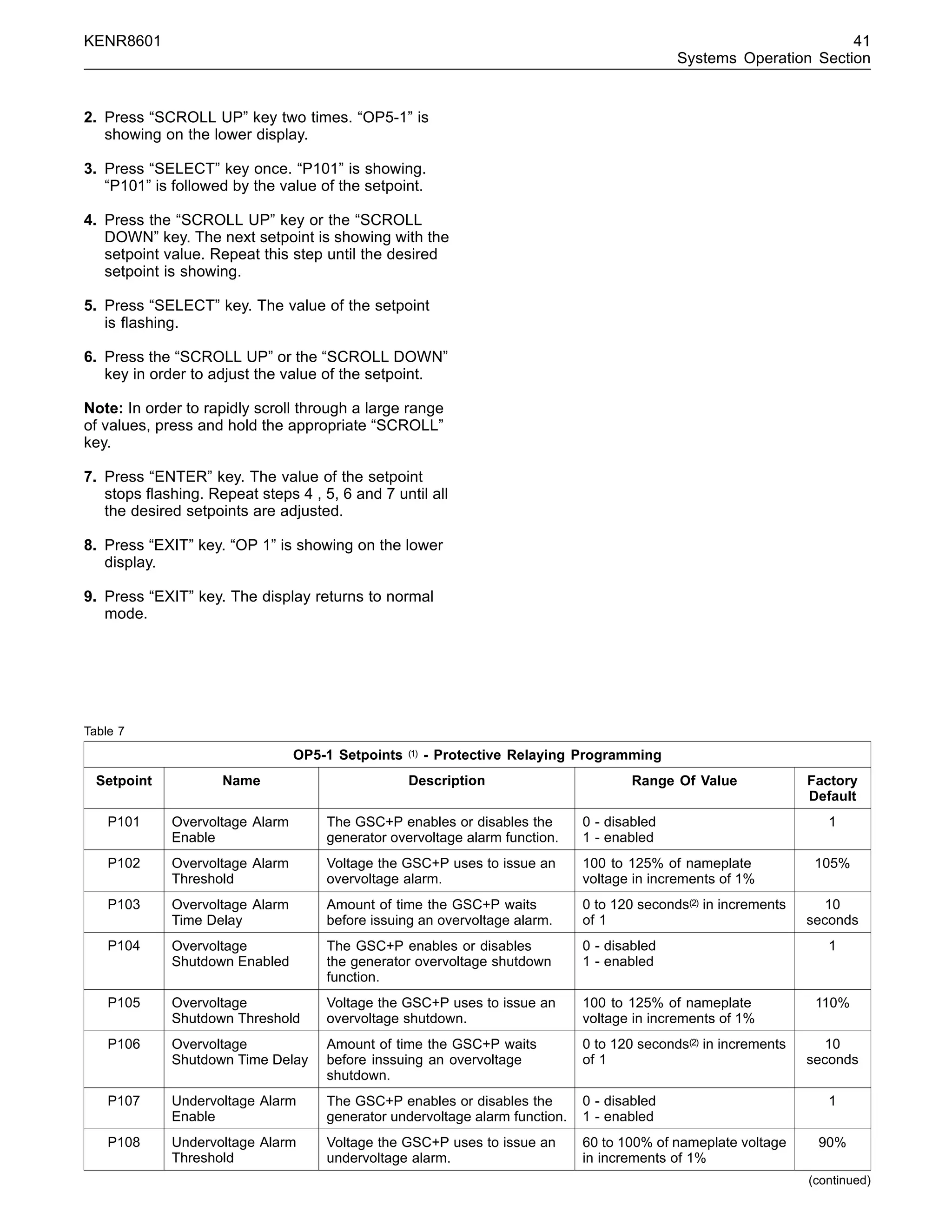 KENR8601 41
Systems Operation Section
2. Press “SCROLL UP” key two times. “OP5-1” is
showing on the lower display.
3. Press “SELECT” key once. “P101” is showing.
“P101” is followed by the value of the setpoint.
4. Press the “SCROLL UP” key or the “SCROLL
DOWN” key. The next setpoint is showing with the
setpoint value. Repeat this step until the desired
setpoint is showing.
5. Press “SELECT” key. The value of the setpoint
is ﬂashing.
6. Press the “SCROLL UP” or the “SCROLL DOWN”
key in order to adjust the value of the setpoint.
Note: In order to rapidly scroll through a large range
of values, press and hold the appropriate “SCROLL”
key.
7. Press “ENTER” key. The value of the setpoint
stops ﬂashing. Repeat steps 4 , 5, 6 and 7 until all
the desired setpoints are adjusted.
8. Press “EXIT” key. “OP 1” is showing on the lower
display.
9. Press “EXIT” key. The display returns to normal
mode.
Table 7
OP5-1 Setpoints (1) - Protective Relaying Programming
Setpoint Name Description Range Of Value Factory
Default
P101 Overvoltage Alarm
Enable
The GSC+P enables or disables the
generator overvoltage alarm function.
0 - disabled
1 - enabled
1
P102 Overvoltage Alarm
Threshold
Voltage the GSC+P uses to issue an
overvoltage alarm.
100 to 125% of nameplate
voltage in increments of 1%
105%
P103 Overvoltage Alarm
Time Delay
Amount of time the GSC+P waits
before issuing an overvoltage alarm.
0 to 120 seconds(2) in increments
of 1
10
seconds
P104 Overvoltage
Shutdown Enabled
The GSC+P enables or disables
the generator overvoltage shutdown
function.
0 - disabled
1 - enabled
1
P105 Overvoltage
Shutdown Threshold
Voltage the GSC+P uses to issue an
overvoltage shutdown.
100 to 125% of nameplate
voltage in increments of 1%
110%
P106 Overvoltage
Shutdown Time Delay
Amount of time the GSC+P waits
before inssuing an overvoltage
shutdown.
0 to 120 seconds(2) in increments
of 1
10
seconds
P107 Undervoltage Alarm
Enable
The GSC+P enables or disables the
generator undervoltage alarm function.
0 - disabled
1 - enabled
1
P108 Undervoltage Alarm
Threshold
Voltage the GSC+P uses to issue an
undervoltage alarm.
60 to 100% of nameplate voltage
in increments of 1%
90%
(continued)
 