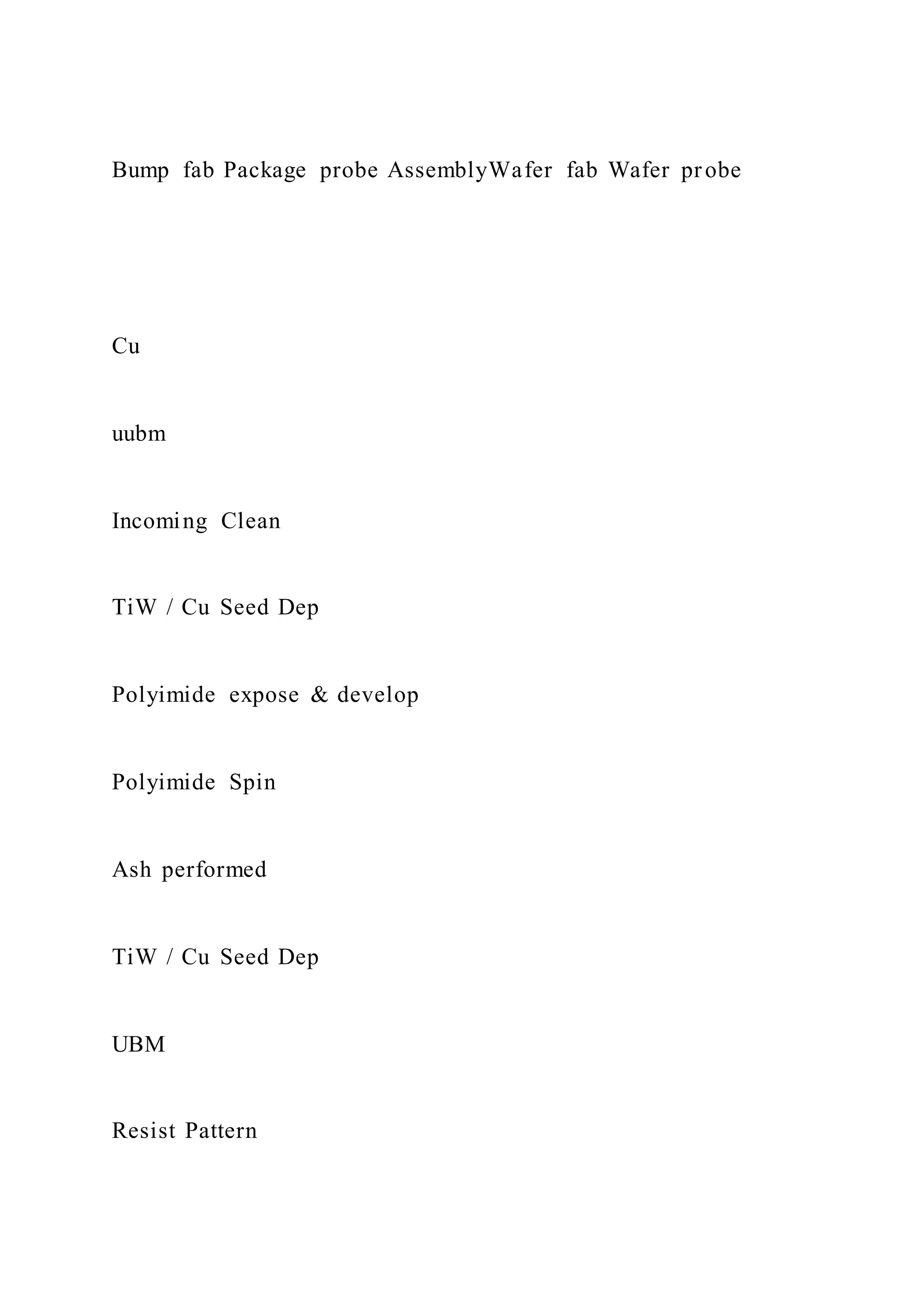 Bump fab Package probe AssemblyWafer fab Wafer probe
Cu
uubm
Incoming Clean
TiW / Cu Seed Dep
Polyimide expose & develop
Polyimide Spin
Ash performed
TiW / Cu Seed Dep
UBM
Resist Pattern
 