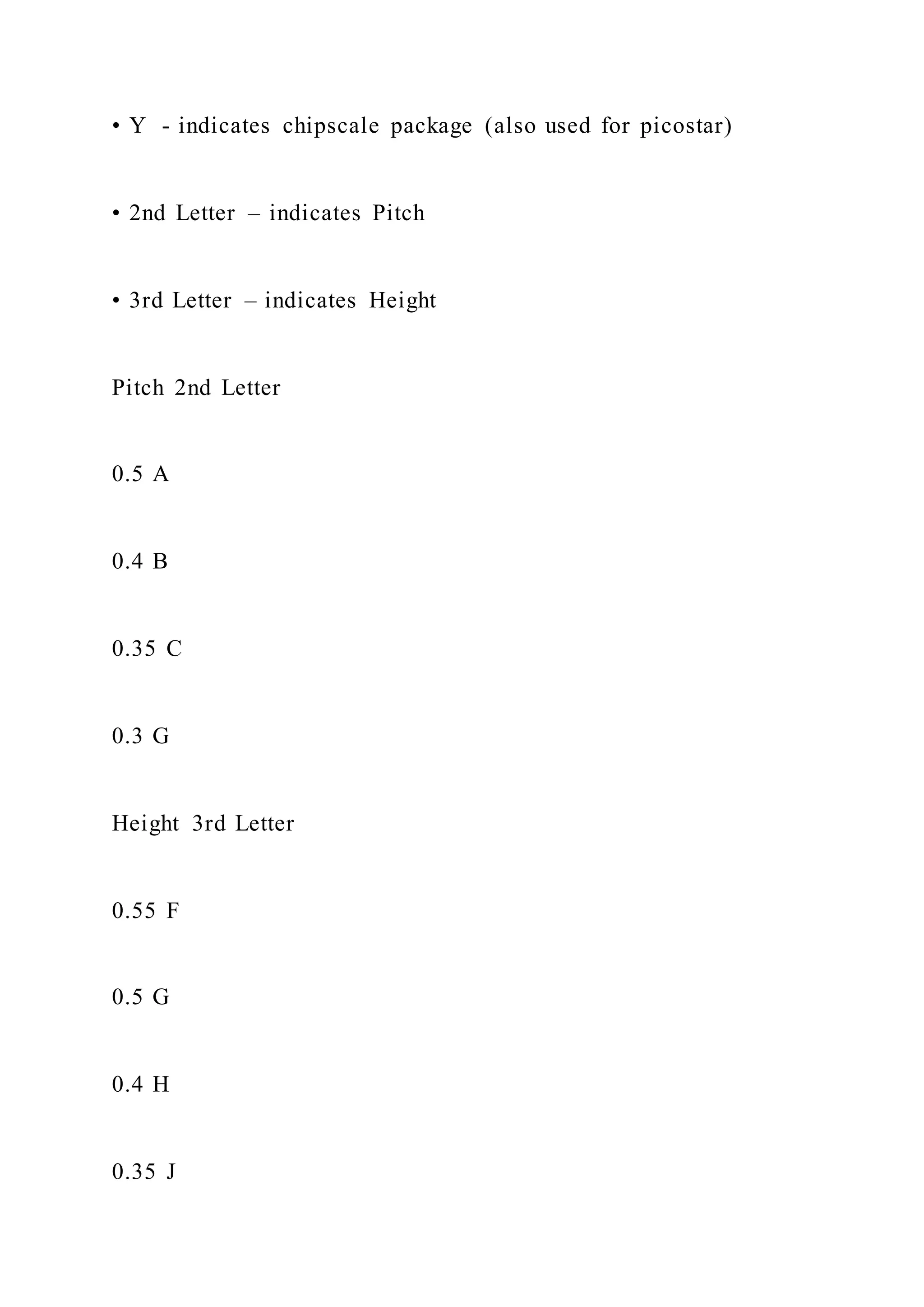 • Y - indicates chipscale package (also used for picostar)
• 2nd Letter – indicates Pitch
• 3rd Letter – indicates Height
Pitch 2nd Letter
0.5 A
0.4 B
0.35 C
0.3 G
Height 3rd Letter
0.55 F
0.5 G
0.4 H
0.35 J
 