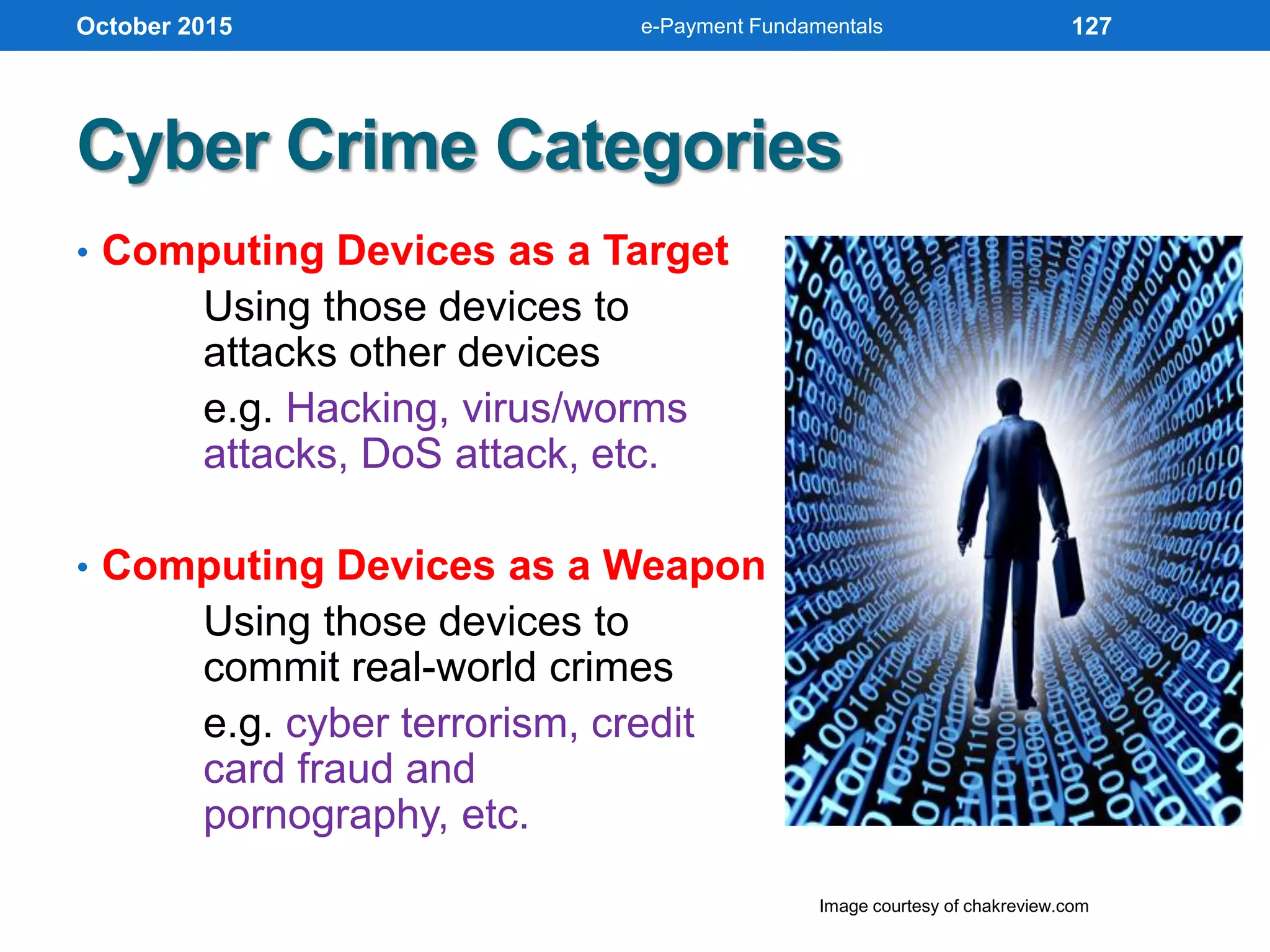 Cyber Crime Categories
• Computing Devices as a Target
Using those devices to
attacks other devices
e.g. Hacking, virus/worms
attacks, DoS attack, etc.
• Computing Devices as a Weapon
Using those devices to
commit real-world crimes
e.g. cyber terrorism, credit
card fraud and
pornography, etc.
October 2015
Image courtesy of chakreview.com
e-Payment Fundamentals 127
 