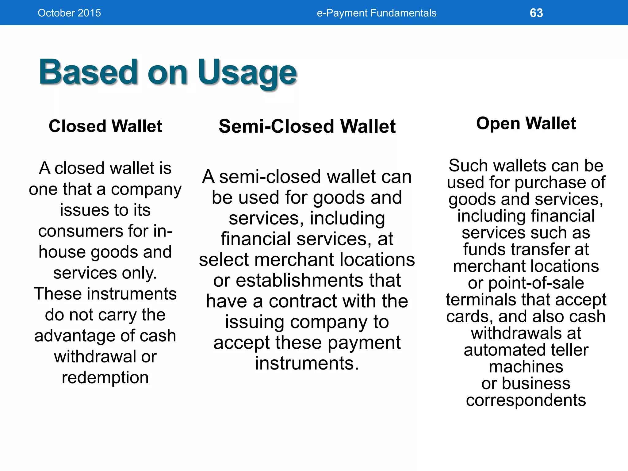 Based on Usage
October 2015 e-Payment Fundamentals
Closed Wallet
A closed wallet is
one that a company
issues to its
consumers for in-
house goods and
services only.
These instruments
do not carry the
advantage of cash
withdrawal or
redemption
Semi-Closed Wallet
A semi-closed wallet can
be used for goods and
services, including
financial services, at
select merchant locations
or establishments that
have a contract with the
issuing company to
accept these payment
instruments.
Open Wallet
Such wallets can be
used for purchase of
goods and services,
including financial
services such as
funds transfer at
merchant locations
or point-of-sale
terminals that accept
cards, and also cash
withdrawals at
automated teller
machines
or business
correspondents
63
 