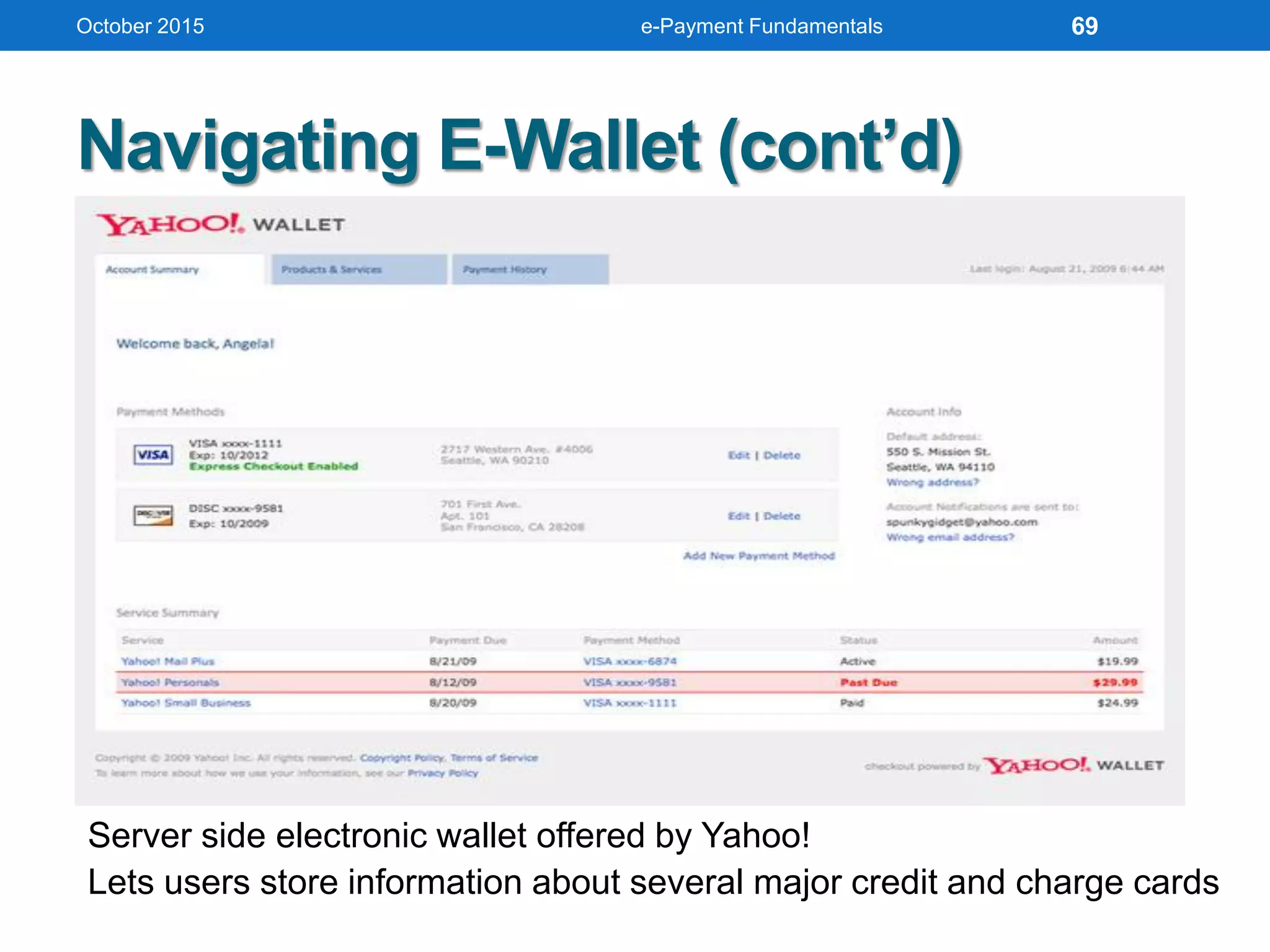 Server side electronic wallet offered by Yahoo!
Lets users store information about several major credit and charge cards
Navigating E-Wallet (cont’d)
October 2015 e-Payment Fundamentals 69
 