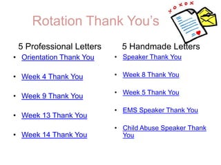 Rotation Thank You’s5 Professional LettersOrientation Thank YouWeek 4 Thank YouWeek 9 Thank YouWeek 13 Thank YouWeek 14 Thank You5 Handmade LettersSpeaker Thank YouWeek 8 Thank YouWeek 5 Thank YouEMS Speaker Thank YouChild Abuse Speaker Thank You