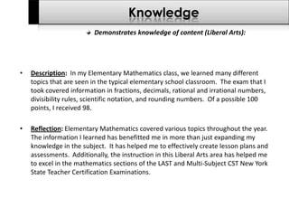 Description:  In my Elementary Mathematics class, we learned many different topics that are seen in the typical elementary school classroom.  The exam that I took covered information in fractions, decimals, rational and irrational numbers, divisibility rules, scientific notation, and rounding numbers.  Of a possible 100 points, I received 98.