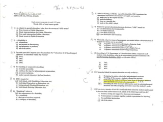 Demonstrates knowledge of content (Pedagogy):Description:  This artifact is the final exam from my Introduction to Students with Disabilities class.  The exam demonstrated my strength in special education pedagogy.  Acronyms such as FAPE, IDEA, IEP, and LRE are shown throughout the exam and are included in multiple questions.  Of the 20 questions, I answered 19 correctly and have reviewed the question I answered incorrectly.  Of the possible 10 points, I received 9.5.