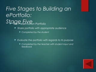 Five Stages to Building an
ePortfolio:
Stage Five The Presentation Portfolio
 Share portfolio with appropriate audience
 Completed by the student
 Evaluate the portfolio with regards to its purpose
 Completed by the teacher with student input and
feedback
 