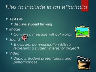 Files to Include in an ePortfolio
 Text File
 Displays student thinking
 Image
 Conveys a message without words
 Sound
 Shows oral communication skills (or
represents a student interest or project)
 Video
 Displays student presentations and
performances
 