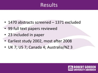 Results
• 1470 abstracts screened – 1371 excluded
• 99 full text papers reviewed
• 23 included in paper
• Earliest study 2002, most after 2008
• UK 7; US 7; Canada 4; Australia/NZ 3
 