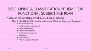 DEVELOPING A CLASSIFICATION SCHEME FOR
FUNCTIONAL SUBJECT FILE PLAN
• Steps in the development of a classification scheme
• Step 1: Identify the high level functions, e.g. (Dept. of Roads and Transport):
• Roads infrastructure
• Human resource management
• Traffic management
• Financial management
• Supply chain management
• Marketing
• Legal services
• Public transport and freight
5/8/2024 ERM-13933 47
 