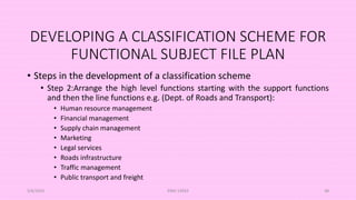 DEVELOPING A CLASSIFICATION SCHEME FOR
FUNCTIONAL SUBJECT FILE PLAN
• Steps in the development of a classification scheme
• Step 2:Arrange the high level functions starting with the support functions
and then the line functions e.g. (Dept. of Roads and Transport):
• Human resource management
• Financial management
• Supply chain management
• Marketing
• Legal services
• Roads infrastructure
• Traffic management
• Public transport and freight
5/8/2024 ERM-13933 48
 