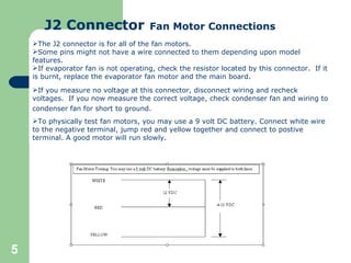   J2 Connector Fan Motor Connections The J2 connector is for all of the fan motors.  Some pins might not have a wire connected to them depending upon model features. If evaporator fan is not operating, check the resistor located by this connector.  If it is burnt, replace the evaporator fan motor and the main board. If you measure no voltage at this connector, disconnect wiring and recheck voltages.  If you now measure the correct voltage, check condenser fan and wiring to condenser fan for short to ground .  To physically test fan motors, you may use a 9 volt DC battery. Connect white wire to the negative terminal, jump red and yellow together and connect to postive terminal. A good motor will run slowly. 