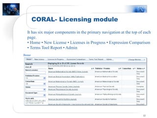 CORAL- Licensing module
22
It has six major components in the primary navigation at the top of each
page.
• Home • New License • Licenses in Progress • Expression Comparison
• Terms Tool Report • Admin
 