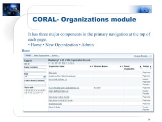 CORAL- Organizations module
24
It has three major components in the primary navigation at the top of
each page.
• Home • New Organization • Admin
 