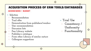 ACQUISITION PROCESS OF ERM TOOLS/DATABASES
 Selection
▨ Recommendation
▨ Trail offer
▨ Demonstration from publishers/vendors
▨ User recommendation
▨ Discussion lists
▨ Peer Library website
▨ Publisher’s catalogue
▨ From other Library of similar nature
▨ Colleagues suggestions
 Trial Use
▨ Consistency /
Uniformity
▨ Functionality
ACCESS NEED / BUDGET
 
