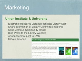 Union Institute & University
• Electronic Resource Librarian contacts Library Staff
• Share information at Library Committee meeting
• Send Campus Community emails
• Blog Posts to the Library Website
• Announcement post to LMS
• Create Tutorials
 