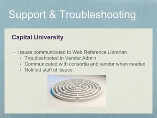 Capital University
• Issues communicated to Web Reference Librarian
• Troubleshooted in Vendor Admin
• Communicated with consortia and vendor when needed
• Notified staff of issues
 