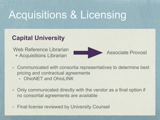 • Communicated with consortia representatives to determine best
pricing and contractual agreements
• OhioNET and OhioLINK
• Only communicated directly with the vendor as a final option if
no consortial agreements are available
• Final license reviewed by University Counsel
Web Reference Librarian
+ Acquisitions Librarian
Associate Provost
Capital University
 