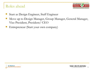 Roles ahead Start as Design Engineer, Staff Engineer Move up to Design Manager, Group Manager, General Manager, Vice President, President/ CEO Entrepreneur (Start your own company)
