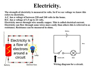 The strength of electricity is measured in volts. So if we see voltage we know this
refers to electricity.
A.C. has a voltage of between 220 and 240 volts in the home.
D.C. has a voltage of 1.5 up to 24 volts.
Electricity moves through wire usually copper. This is called electrical current.
Electricity can flow through some wires more easily than others this is referred to as
resistance. Resistance can be measured in ohms.
Electricity.
Wiring diagram for a circuit.
 