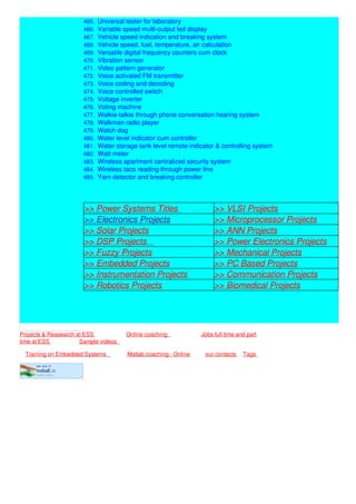 we are in
IndiaE.in
tamil nadu
464. Universal symmetric power supply
465. Universal tester for laboratory
466. Variable speed multi-output led display
467. Vehicle speed indication and breaking system
468. Vehicle speed, fuel, temperature, air calculation
469. Versatile digital frequency counters cum clock
470. Vibration sensor
471. Video pattern generator
472. Voice activated FM transmitter
473. Voice coding and decoding
474. Voice controlled switch
475. Voltage inverter
476. Voting machine
477. Walkie-talkie through phone conversation hearing system
478. Walkman radio player
479. Watch dog
480. Water level indicator cum controller
481. Water storage tank level remote indicator & controlling system
482. Watt meter
483. Wireless apartment centralized security system
484. Wireless taco reading through power line
485. Yarn detector and breaking controller
>> Power Systems Titles >> VLSI Projects
>> Electronics Projects >> Microprocessor Projects
>> Solar Projects >> ANN Projects
>> DSP Projects >> Power Electronics Projects
>> Fuzzy Projects >> Mechanical Projects
>> Embedded Projects >> PC Based Projects
>> Instrumentation Projects >> Communication Projects
>> Robotics Projects >> Biomedical Projects
Projects & Reasearch at ESS Online coaching Jobs full time and part
time at ESS Sample videos
Training on Embedded Systems Matlab coaching - Online our contacts Tags
 