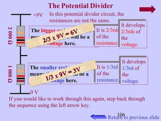 106 
+9V 
0 V 
The Potential Divider 
In this potential divider circuit, the 
resistances are not the same. 
2 000 W 1 000 W 
The bigger resistance here 
means that there will be a 
bigger voltage here. 
The smaller resistance here 
means that there will be a 
smaller voltage here. 
It is 2/3rds 
of the 
resistance. 
It is 2/3rds 
of the 
resistance. 
It is 1/3rd 
of the 
resistance. 
It is 1/3rd 
of the 
resistance. 
It develops 
2/3rds of 
the 
voltage. 
It develops 
2/3rds of 
the 
voltage. 
It develops 
1/3rd of 
the 
voltage. 
It develops 
1/3rd of 
the 
voltage. 
2/3 x 9V = 6V 
1/3 x 9V = 3V 
If you would like to work through this again, step back through 
the sequence using the left arrow key. 
Return to previous slide 
 