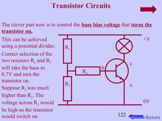 Correct selection of the 
two resistors Rand R1 2 
will take the base to 
0.7V and turn the 
transistor on. 
Suppose Rwas much 
2 higher than R. The 
1voltage across Rwould 
2 be high so the transistor 
would switch on. 122 
Return 
Transistor Circuits 
The clever part now is to control the base bias voltage that turns the 
transistor on. 
+V 
0V 
c 
e 
b 
This can be achieved 
using a potential divider. 
Rb 
R1 
R2 
 