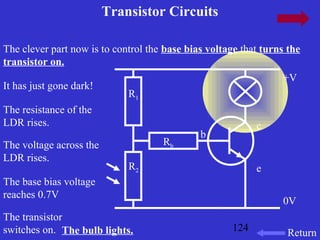 It has just gone dark! 
The resistance of the 
LDR rises. 
The voltage across the 
LDR rises. 
The base bias voltage 
reaches 0.7V 
The transistor 
switches on. The bulb lights. 124 
Return 
Transistor Circuits 
The clever part now is to control the base bias voltage that turns the 
transistor on. 
+V 
0V 
c 
e 
b 
Rb 
R1 
R2 
 