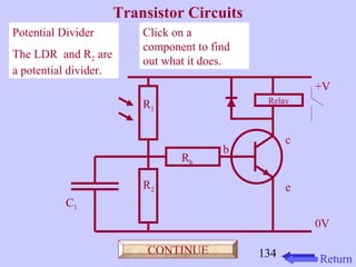 134 
Click on a 
component to find 
out what it does. 
Potential Divider 
The LDR and R2 are 
a potential divider. 
Transistor Circuits 
+V 
0V 
c 
e 
b 
Rb 
R1 
R2 
C1 
Relay 
CONTINUE 
Return 
 