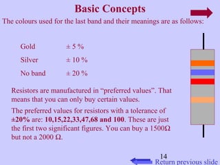The colours used for the last band and their meanings are as follows: 
Gold ± 5 % 
Silver ± 10 % 
No band ± 20 % 
Resistors are manufactured in “preferred values”. That 
means that you can only buy certain values. 
The preferred values for resistors with a tolerance of 
±20% are: 10,15,22,33,47,68 and 100. These are just 
the first two significant figures. You can buy a 1500W 
but not a 2000 W. 
14 
Basic Concepts 
Return previous slide 
 