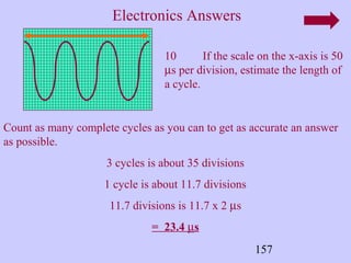 Electronics Answers 
10 If the scale on the x-axis is 50 
ms per division, estimate the length of 
a cycle. 
Count as many complete cycles as you can to get as accurate an answer 
as possible. 
157 
3 cycles is about 35 divisions 
1 cycle is about 11.7 divisions 
11.7 divisions is 11.7 x 2 ms 
= 23.4 ms 
 