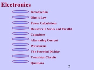 2 
Electronics 
Introduction 
Ohm’s Law 
Power Calculations 
Resistors in Series and Parallel 
Capacitors 
Alternating Current 
Waveforms 
The Potential Divider 
Transistor Circuits 
Questions 
 