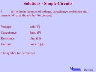 Solutions - Simple Circuits 
1 Write down the units of voltage, capacitance, resistance and 
current. What is the symbol for current? 
24 
Voltage volt (V) 
Capacitance farad (F) 
Resistance ohm (W) 
Current ampere (A) 
The symbol for current is I 
Return 
 