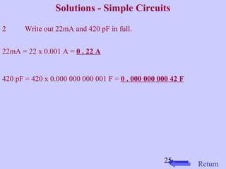Solutions - Simple Circuits 
25 
2 Write out 22mA and 420 pF in full. 
22mA = 22 x 0.001 A = 0 . 22 A 
420 pF = 420 x 0.000 000 000 001 F = 0 . 000 000 000 42 F 
Return 
 