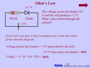 The voltage across the diode is 0.7 
V and the cell produces 1.5 V. 
What is the current through the 
resistor? 
0.7 V 
820 W Diode 
If you can’t see how to do it straight away, write the values 
given onto the diagram. 
33 
Ohm’s Law 
Return previous slide 
1.5V 
Voltage across the resistor = 1.5V (provided by the cell) 
- 0.7V (lost across the diode) = 0.8V 
Using I = V / R = 0.8 / 820 = 1mA 
 