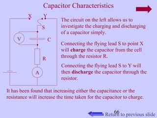 66 
Capacitor Characteristics 
The circuit on the left allows us to 
investigate the charging and discharging 
of a capacitor simply. 
Connecting the flying lead S to point X 
will charge the capacitor from the cell 
through the resistor R. 
Connecting the flying lead S to Y will 
then discharge the capacitor through the 
resistor. 
S 
It has been found that increasing either the capacitance or the 
resistance will increase the time taken for the capacitor to charge. 
Return to previous slide 
A 
V 
X Y 
C 
R 
 