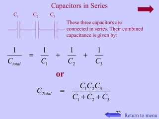 72 
Capacitors in Series 
C1 C2 C3 
These three capacitors are 
connected in series. Their combined 
capacitance is given by: 
1 = 1 + 1 + 
1 
C C C C total 
1 2 3 
or 
C C C C Total + + 
1 2 3 
C C C 
1 2 3 
= 
Return to menu 
 
