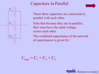 74 
Capacitors in Parallel 
C1 
C2 
C3 
These three capacitors are connected in 
parallel with each other. 
Note that because they are in parallel, 
they must have the same voltage 
across each other. 
The combined capacitance of the network 
of capacitances is given by: 
Ctotal = C1 + C2 + C3 
Return to menu 
 
