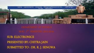 DEPARTMENT OF PHYSICS
M.SC. 1ST SEMESTER (2015-2016)
SUB: ELECTRONICS
PRESENTED BY: CHITRA JAIN
SUBMITTED TO : DR. R. J. SENGWA
 