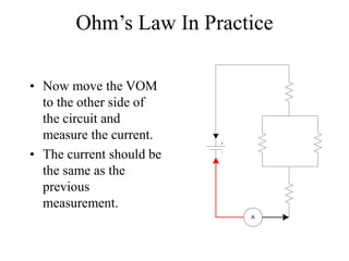 Ohm’s Law In Practice
• Now move the VOM
to the other side of
the circuit and
measure the current.
• The current should be
the same as the
previous
measurement.
A
 