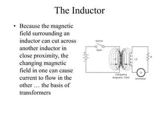 The Inductor
• Because the magnetic
field surrounding an
inductor can cut across
another inductor in
close proximity, the
changing magnetic
field in one can cause
current to flow in the
other … the basis of
transformers
 
