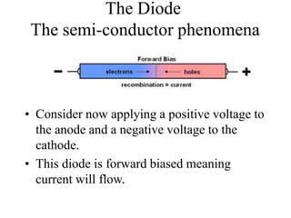 The Diode
The semi-conductor phenomena
• Consider now applying a positive voltage to
the anode and a negative voltage to the
cathode.
• This diode is forward biased meaning
current will flow.
 