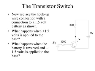 The Transistor Switch
• Now replace the hook-up
wire connection with a
connection to a 1.5 volt
battery as shown.
• What happens when +1.5
volts is applied to the
base?
• What happens when the
battery is reversed and –
1.5 volts is applied to the
base?
330
1000
1.5V
9V
 