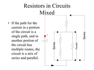 Resistors in Circuits
Mixed
• If the path for the
current in a portion
of the circuit is a
single path, and in
another portion of
the circuit has
multiple routes, the
circuit is a mix of
series and parallel.
Series
Parallel
Series
R
 