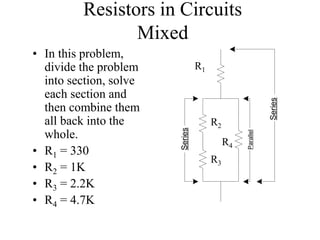 Resistors in Circuits
Mixed
• In this problem,
divide the problem
into section, solve
each section and
then combine them
all back into the
whole.
• R1 = 330
• R2 = 1K
• R3 = 2.2K
• R4 = 4.7K
Series
Parallel
Series
R1
R2
R3
R4
 