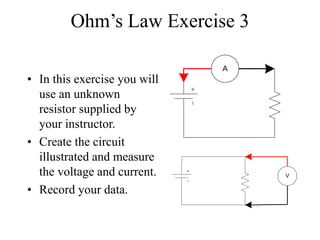 Ohm’s Law Exercise 3
• In this exercise you will
use an unknown
resistor supplied by
your instructor.
• Create the circuit
illustrated and measure
the voltage and current.
• Record your data.
V
A
 